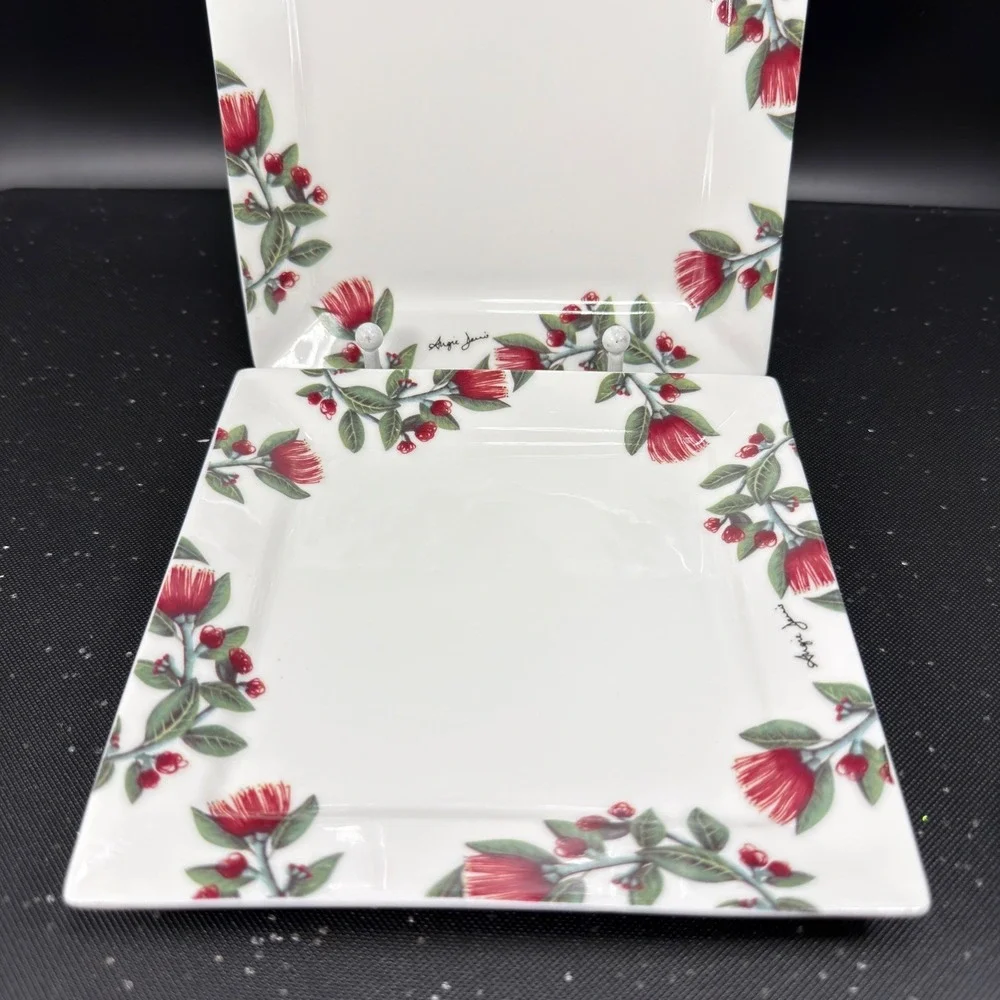 Angie Dennis Intuition Square Plates Set of 2 Red Pohutukawa‎ New Zealand Floral